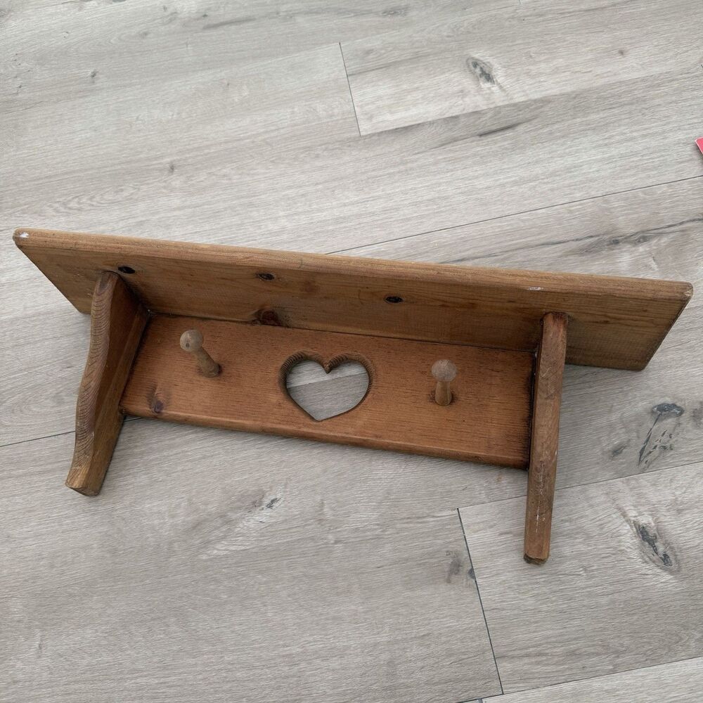 Wooden 23” Cottagecore Heart Hanging Trinket Wall Shelf w Pegs Grandmacore VTG